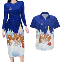 Funny Christmas Reindeer Bowling Custom Couples Matching Long Sleeve Bodycon Dress and Hawaiian Shirt with Reindeer Snow Scene - Wonder Print Shop