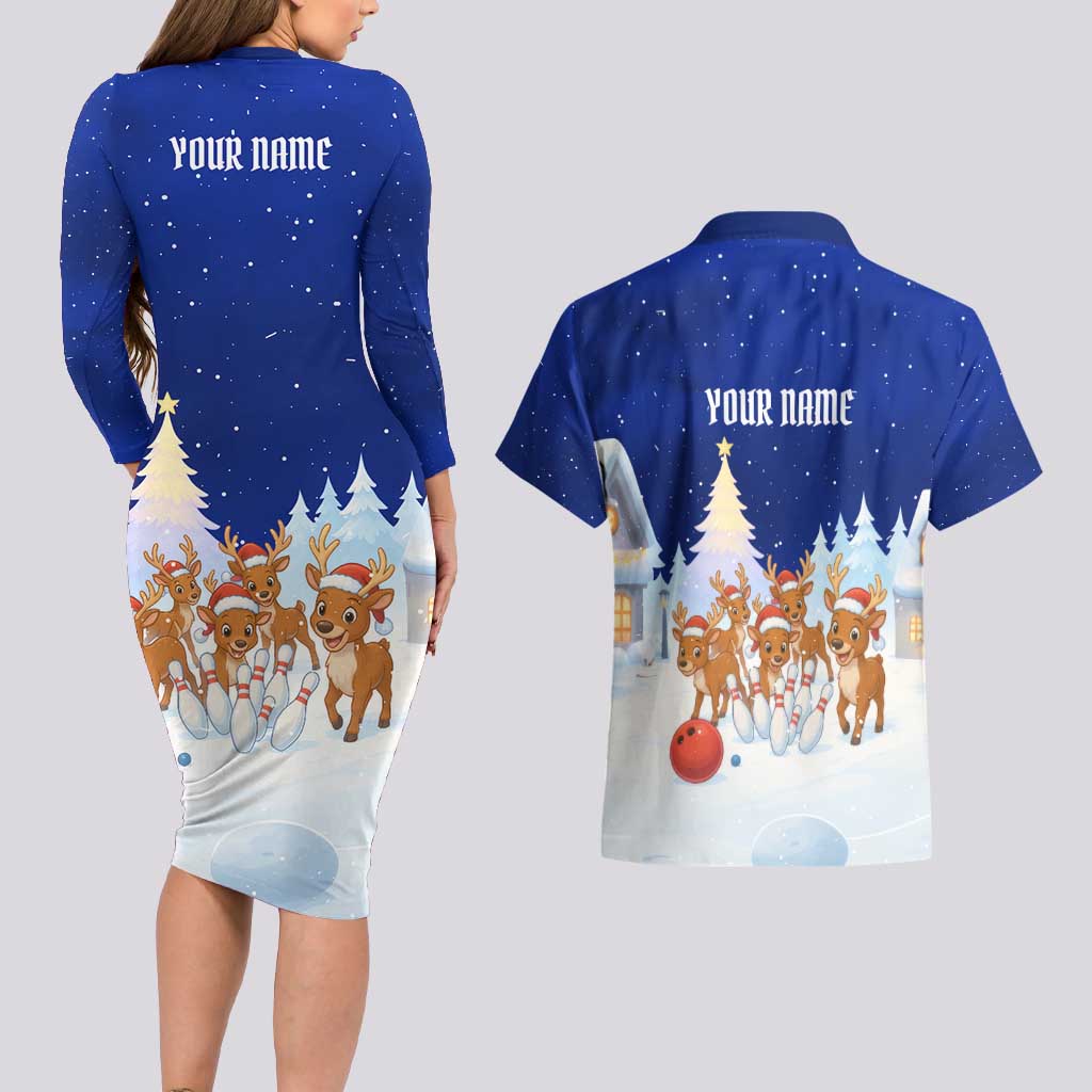 Funny Christmas Reindeer Bowling Custom Couples Matching Long Sleeve Bodycon Dress and Hawaiian Shirt with Reindeer Snow Scene - Wonder Print Shop