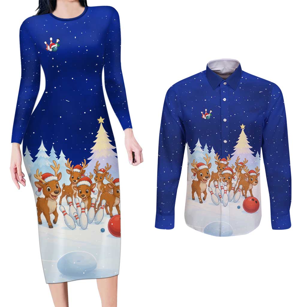 Funny Christmas Reindeer Bowling Custom Couples Matching Long Sleeve Bodycon Dress and Long Sleeve Button Shirt with Reindeer Snow Scene - Wonder Print Shop