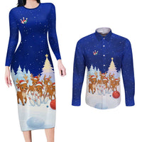 Funny Christmas Reindeer Bowling Custom Couples Matching Long Sleeve Bodycon Dress and Long Sleeve Button Shirt with Reindeer Snow Scene - Wonder Print Shop