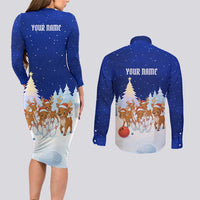 Funny Christmas Reindeer Bowling Custom Couples Matching Long Sleeve Bodycon Dress and Long Sleeve Button Shirt with Reindeer Snow Scene - Wonder Print Shop