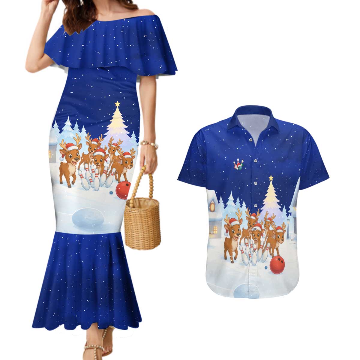 Funny Christmas Reindeer Bowling Custom Couples Matching Mermaid Dress and Hawaiian Shirt with Reindeer Snow Scene - Wonder Print Shop