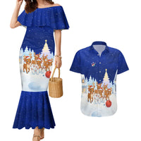 Funny Christmas Reindeer Bowling Custom Couples Matching Mermaid Dress and Hawaiian Shirt with Reindeer Snow Scene - Wonder Print Shop