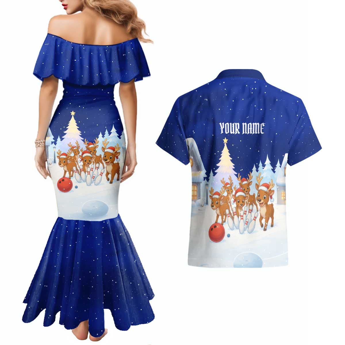 Funny Christmas Reindeer Bowling Custom Couples Matching Mermaid Dress and Hawaiian Shirt with Reindeer Snow Scene - Wonder Print Shop