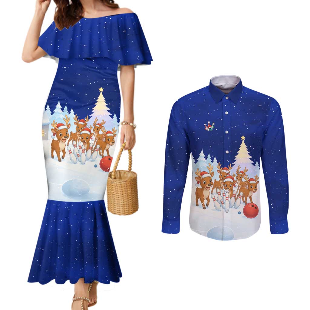 Funny Christmas Reindeer Bowling Custom Couples Matching Mermaid Dress and Long Sleeve Button Shirt with Reindeer Snow Scene - Wonder Print Shop