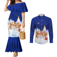 Funny Christmas Reindeer Bowling Custom Couples Matching Mermaid Dress and Long Sleeve Button Shirt with Reindeer Snow Scene - Wonder Print Shop