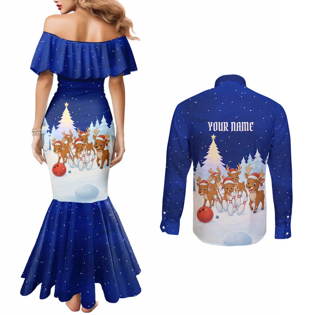 Funny Christmas Reindeer Bowling Custom Couples Matching Mermaid Dress and Long Sleeve Button Shirt with Reindeer Snow Scene - Wonder Print Shop