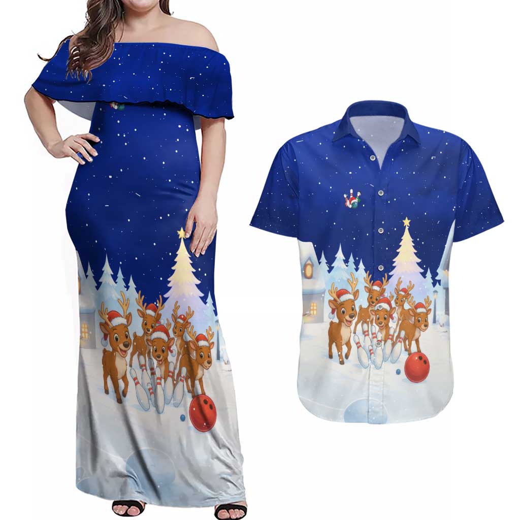 Funny Christmas Reindeer Bowling Custom Couples Matching Off Shoulder Maxi Dress and Hawaiian Shirt with Reindeer Snow Scene - Wonder Print Shop