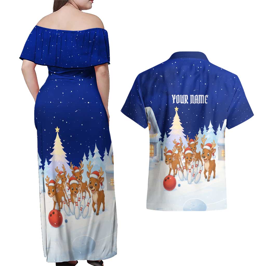 Funny Christmas Reindeer Bowling Custom Couples Matching Off Shoulder Maxi Dress and Hawaiian Shirt with Reindeer Snow Scene - Wonder Print Shop