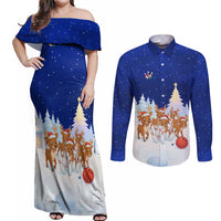 Funny Christmas Reindeer Bowling Custom Couples Matching Off Shoulder Maxi Dress and Long Sleeve Button Shirt with Reindeer Snow Scene - Wonder Print Shop