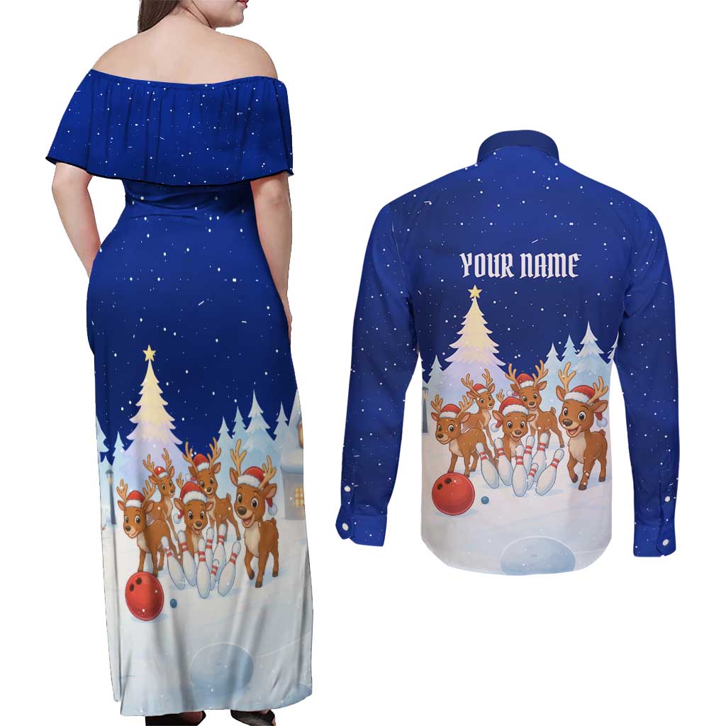 Funny Christmas Reindeer Bowling Custom Couples Matching Off Shoulder Maxi Dress and Long Sleeve Button Shirt with Reindeer Snow Scene - Wonder Print Shop