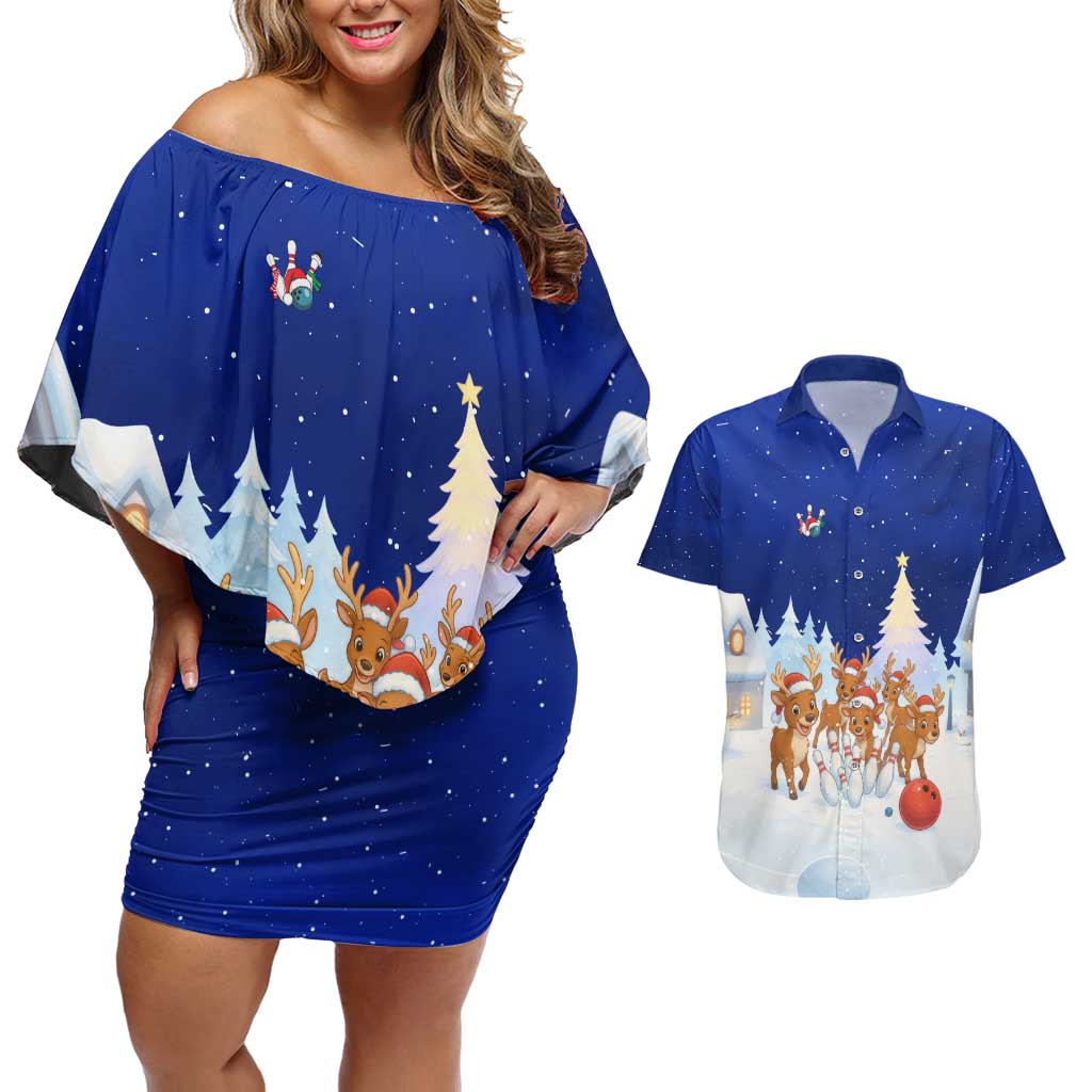 Funny Christmas Reindeer Bowling Custom Couples Matching Off Shoulder Short Dress and Hawaiian Shirt with Reindeer Snow Scene - Wonder Print Shop