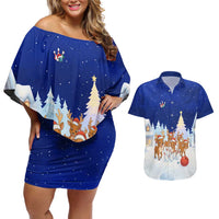 Funny Christmas Reindeer Bowling Custom Couples Matching Off Shoulder Short Dress and Hawaiian Shirt with Reindeer Snow Scene - Wonder Print Shop