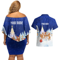 Funny Christmas Reindeer Bowling Custom Couples Matching Off Shoulder Short Dress and Hawaiian Shirt with Reindeer Snow Scene - Wonder Print Shop