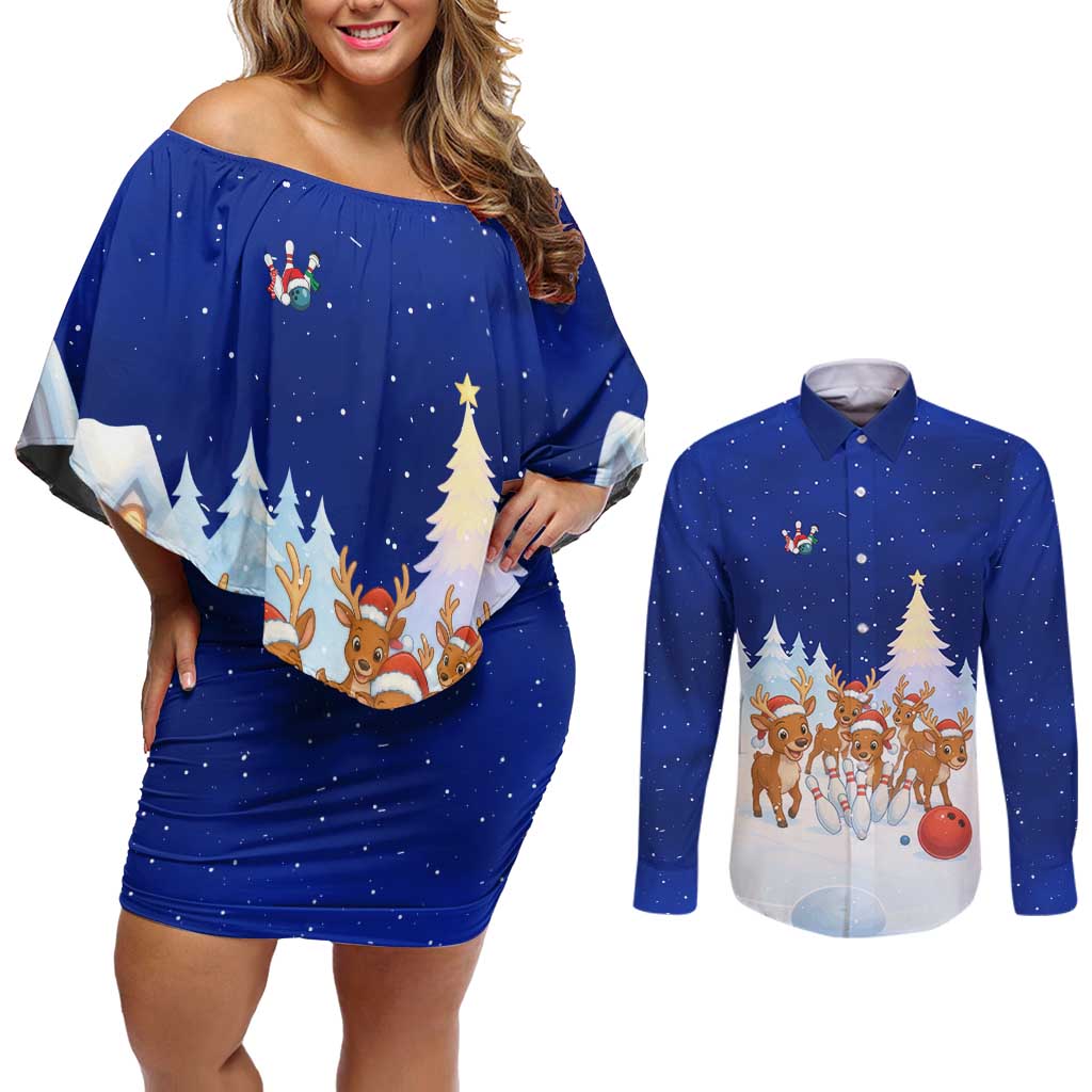 Funny Christmas Reindeer Bowling Custom Couples Matching Off Shoulder Short Dress and Long Sleeve Button Shirt with Reindeer Snow Scene - Wonder Print Shop