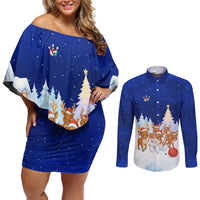Funny Christmas Reindeer Bowling Custom Couples Matching Off Shoulder Short Dress and Long Sleeve Button Shirt with Reindeer Snow Scene - Wonder Print Shop
