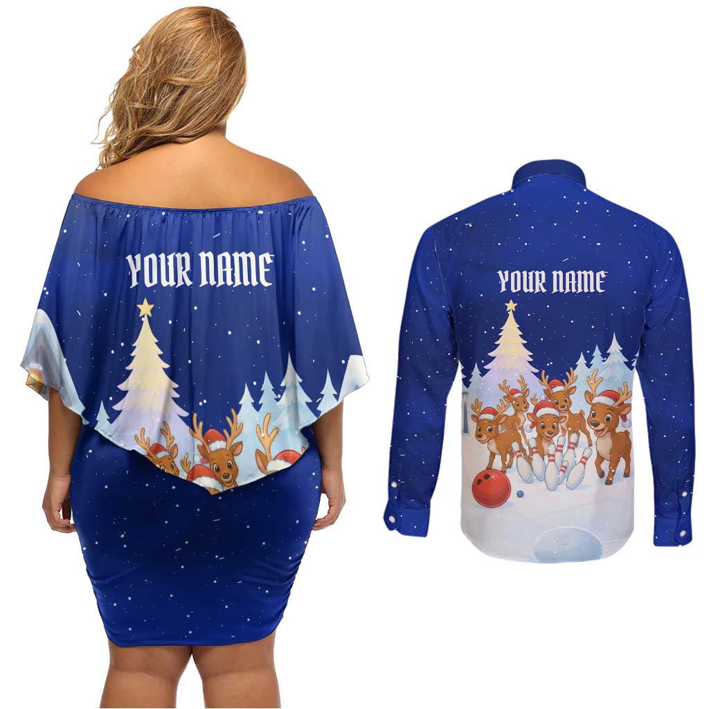 Funny Christmas Reindeer Bowling Custom Couples Matching Off Shoulder Short Dress and Long Sleeve Button Shirt with Reindeer Snow Scene - Wonder Print Shop