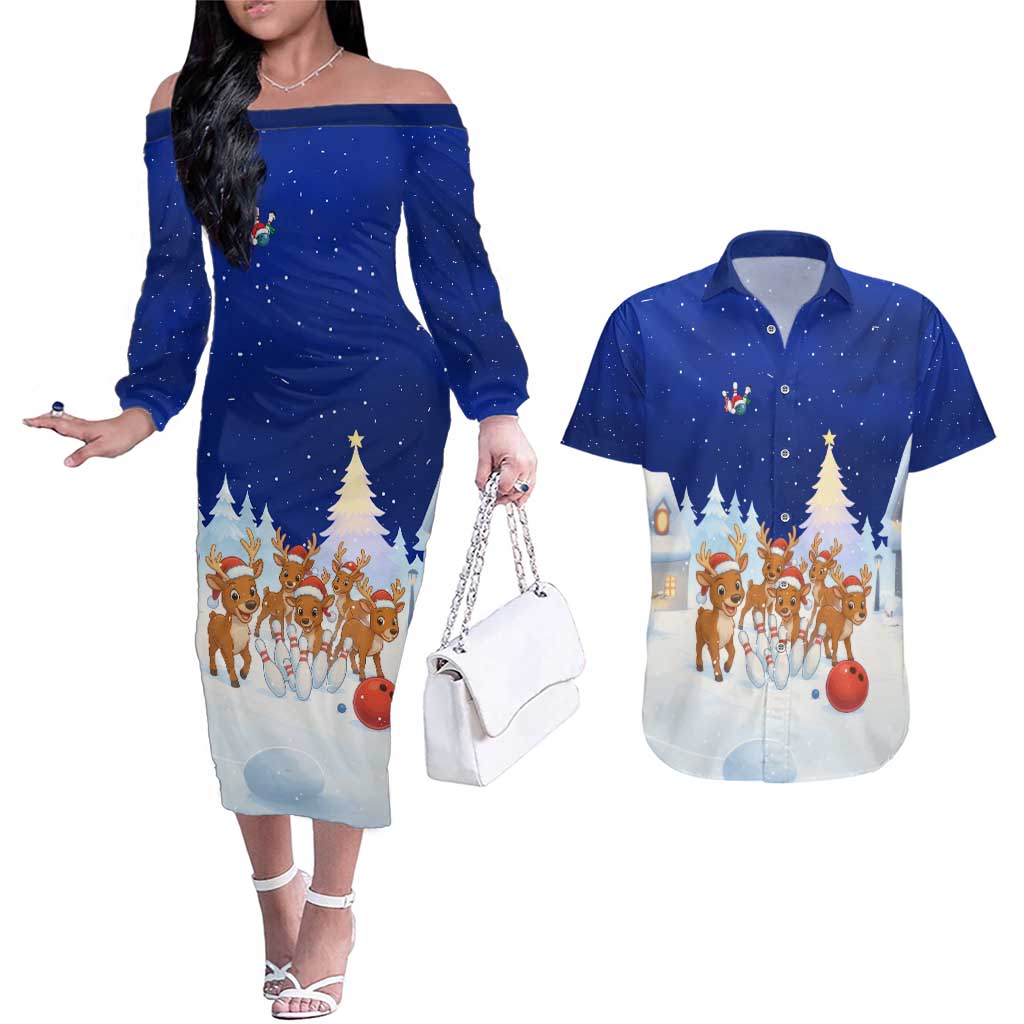 Funny Christmas Reindeer Bowling Custom Couples Matching Off The Shoulder Long Sleeve Dress and Hawaiian Shirt with Reindeer Snow Scene - Wonder Print Shop