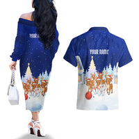 Funny Christmas Reindeer Bowling Custom Couples Matching Off The Shoulder Long Sleeve Dress and Hawaiian Shirt with Reindeer Snow Scene - Wonder Print Shop