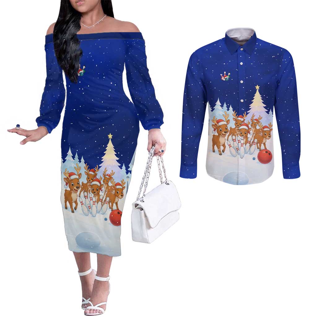 Funny Christmas Reindeer Bowling Custom Couples Matching Off The Shoulder Long Sleeve Dress and Long Sleeve Button Shirt with Reindeer Snow Scene - Wonder Print Shop