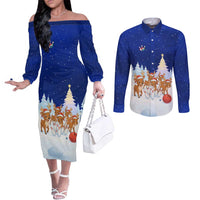 Funny Christmas Reindeer Bowling Custom Couples Matching Off The Shoulder Long Sleeve Dress and Long Sleeve Button Shirt with Reindeer Snow Scene - Wonder Print Shop