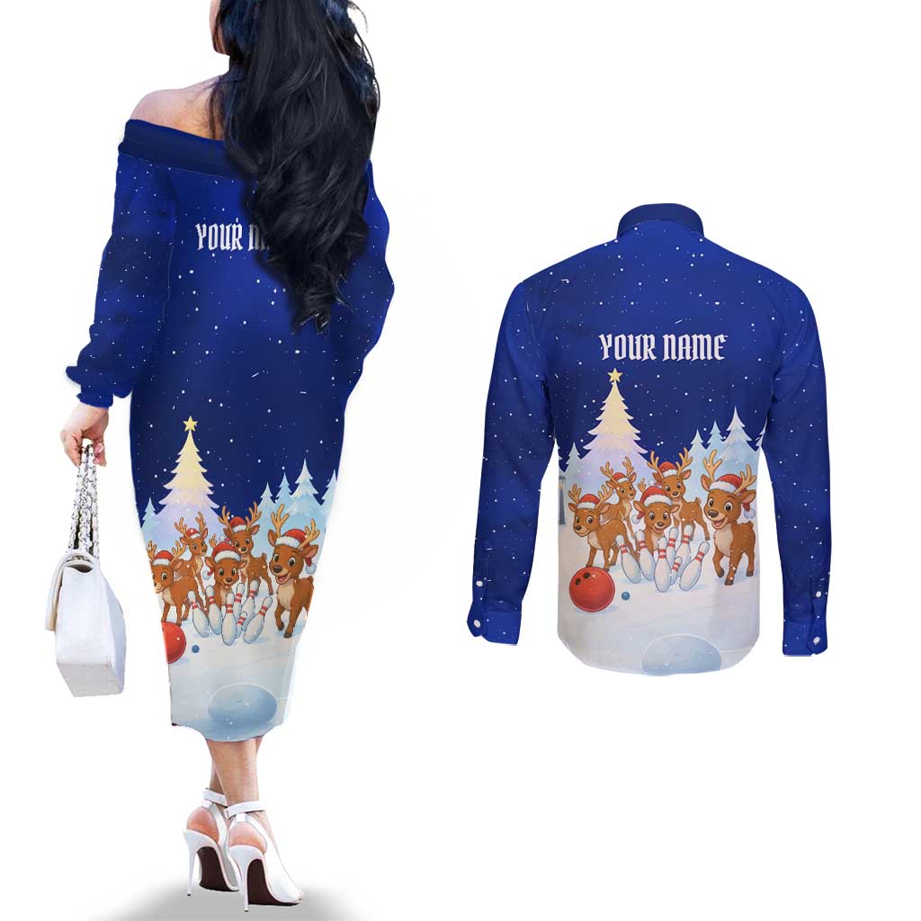 Funny Christmas Reindeer Bowling Custom Couples Matching Off The Shoulder Long Sleeve Dress and Long Sleeve Button Shirt with Reindeer Snow Scene - Wonder Print Shop