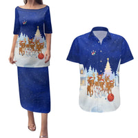 Funny Christmas Reindeer Bowling Custom Couples Matching Puletasi and Hawaiian Shirt with Reindeer Snow Scene - Wonder Print Shop