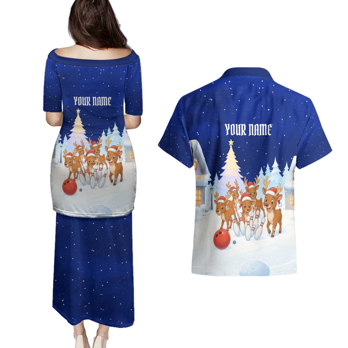 Funny Christmas Reindeer Bowling Custom Couples Matching Puletasi and Hawaiian Shirt with Reindeer Snow Scene - Wonder Print Shop