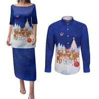 Funny Christmas Reindeer Bowling Custom Couples Matching Puletasi and Long Sleeve Button Shirt with Reindeer Snow Scene - Wonder Print Shop