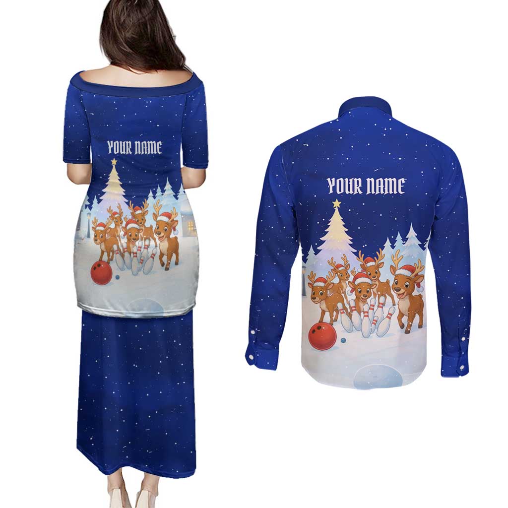 Funny Christmas Reindeer Bowling Custom Couples Matching Puletasi and Long Sleeve Button Shirt with Reindeer Snow Scene - Wonder Print Shop