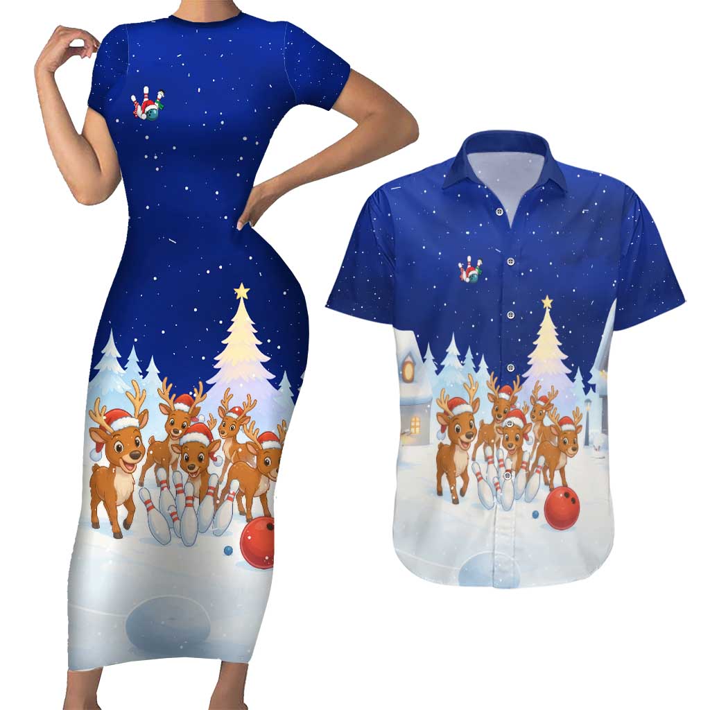 Funny Christmas Reindeer Bowling Custom Couples Matching Short Sleeve Bodycon Dress and Hawaiian Shirt with Reindeer Snow Scene - Wonder Print Shop