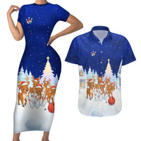 Funny Christmas Reindeer Bowling Custom Couples Matching Short Sleeve Bodycon Dress and Hawaiian Shirt with Reindeer Snow Scene - Wonder Print Shop