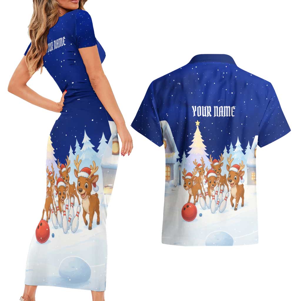 Funny Christmas Reindeer Bowling Custom Couples Matching Short Sleeve Bodycon Dress and Hawaiian Shirt with Reindeer Snow Scene - Wonder Print Shop