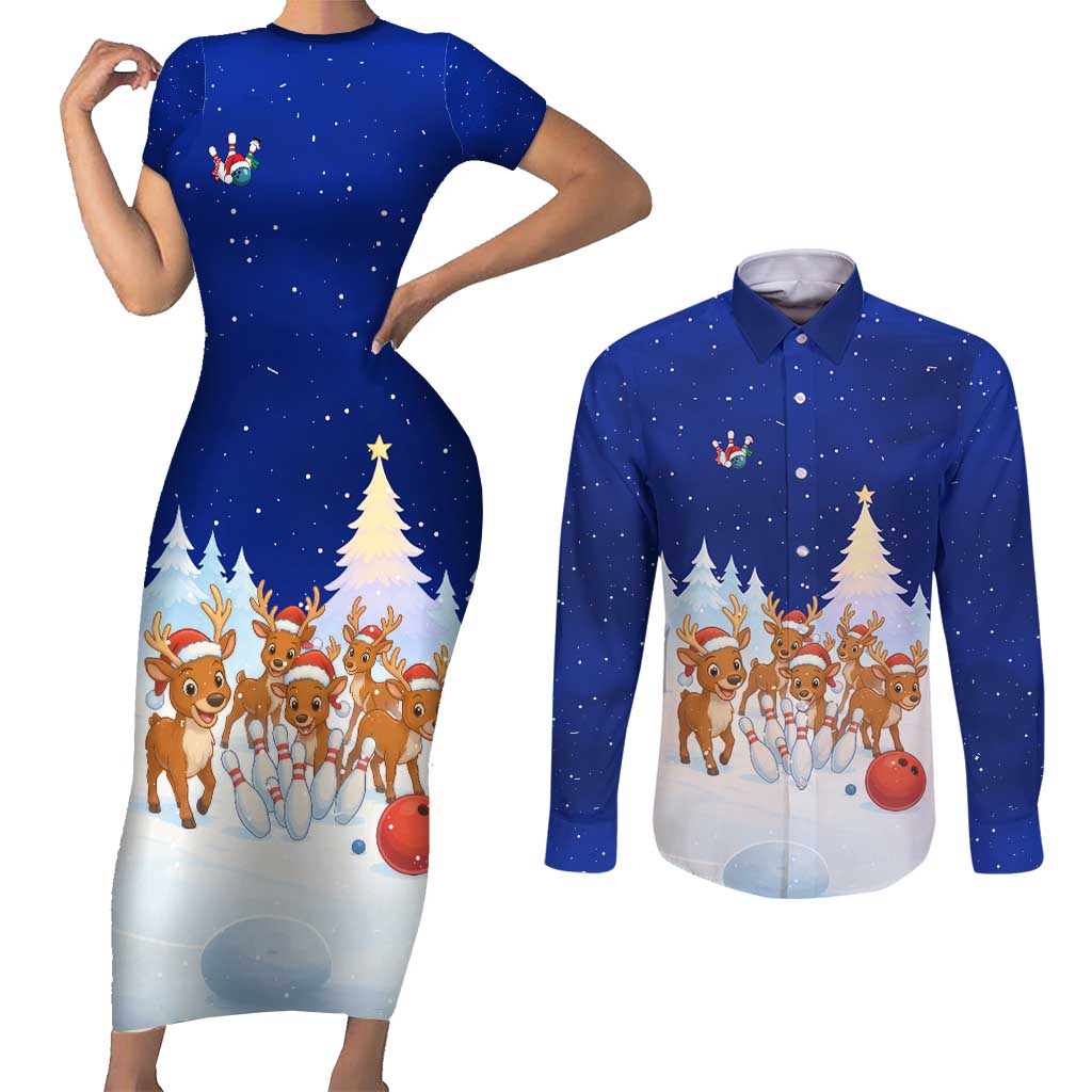 Funny Christmas Reindeer Bowling Custom Couples Matching Short Sleeve Bodycon Dress and Long Sleeve Button Shirt with Reindeer Snow Scene - Wonder Print Shop