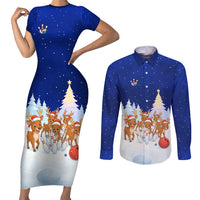 Funny Christmas Reindeer Bowling Custom Couples Matching Short Sleeve Bodycon Dress and Long Sleeve Button Shirt with Reindeer Snow Scene - Wonder Print Shop