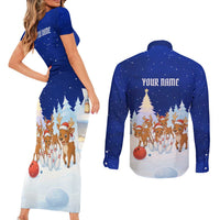Funny Christmas Reindeer Bowling Custom Couples Matching Short Sleeve Bodycon Dress and Long Sleeve Button Shirt with Reindeer Snow Scene - Wonder Print Shop