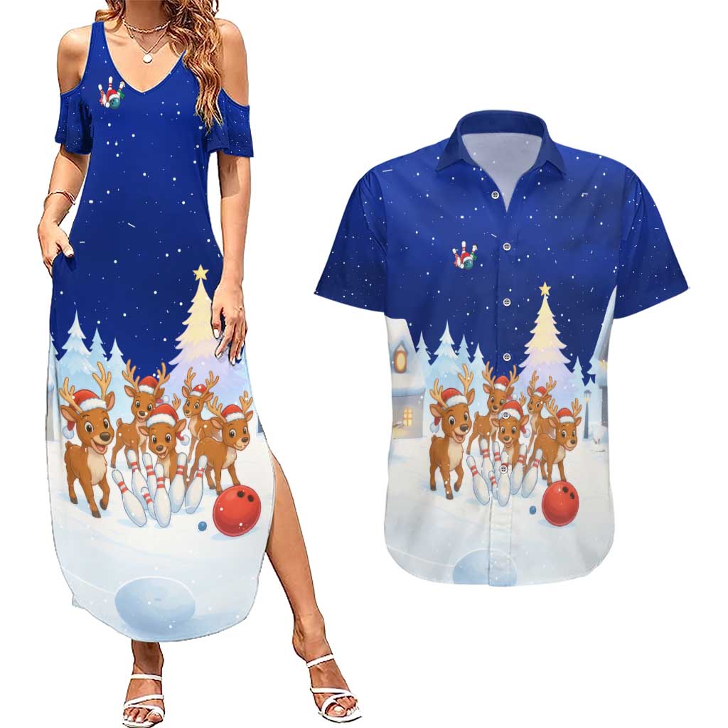 Funny Christmas Reindeer Bowling Custom Couples Matching Summer Maxi Dress and Hawaiian Shirt with Reindeer Snow Scene - Wonder Print Shop