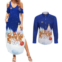 Funny Christmas Reindeer Bowling Custom Couples Matching Summer Maxi Dress and Long Sleeve Button Shirt with Reindeer Snow Scene - Wonder Print Shop