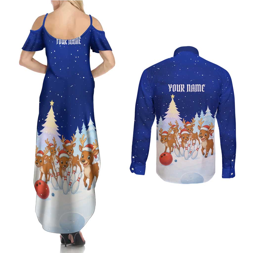 Funny Christmas Reindeer Bowling Custom Couples Matching Summer Maxi Dress and Long Sleeve Button Shirt with Reindeer Snow Scene - Wonder Print Shop