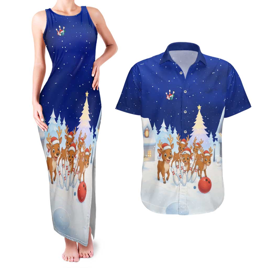 Funny Christmas Reindeer Bowling Custom Couples Matching Tank Maxi Dress and Hawaiian Shirt with Reindeer Snow Scene - Wonder Print Shop