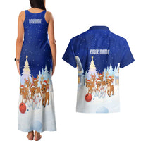 Funny Christmas Reindeer Bowling Custom Couples Matching Tank Maxi Dress and Hawaiian Shirt with Reindeer Snow Scene - Wonder Print Shop