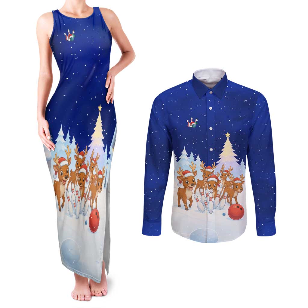 Funny Christmas Reindeer Bowling Custom Couples Matching Tank Maxi Dress and Long Sleeve Button Shirt with Reindeer Snow Scene - Wonder Print Shop