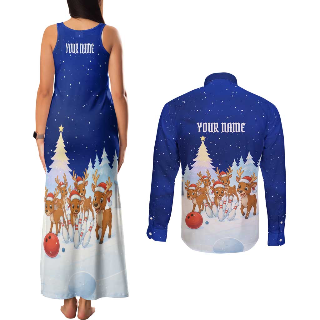 Funny Christmas Reindeer Bowling Custom Couples Matching Tank Maxi Dress and Long Sleeve Button Shirt with Reindeer Snow Scene - Wonder Print Shop
