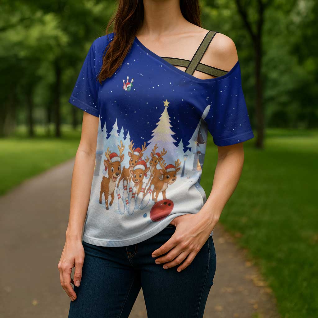 Funny Christmas Reindeer Bowling Custom Cross Shoulder Shirt with Reindeer Snow Scene - Wonder Print Shop