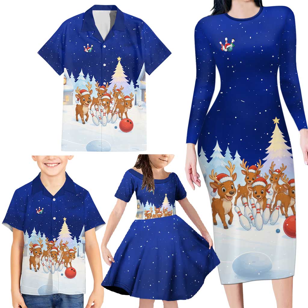 Funny Christmas Reindeer Bowling Custom Family Matching Long Sleeve Bodycon Dress and Hawaiian Shirt with Reindeer Snow Scene - Wonder Print Shop