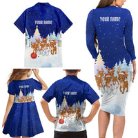 Funny Christmas Reindeer Bowling Custom Family Matching Long Sleeve Bodycon Dress and Hawaiian Shirt with Reindeer Snow Scene - Wonder Print Shop