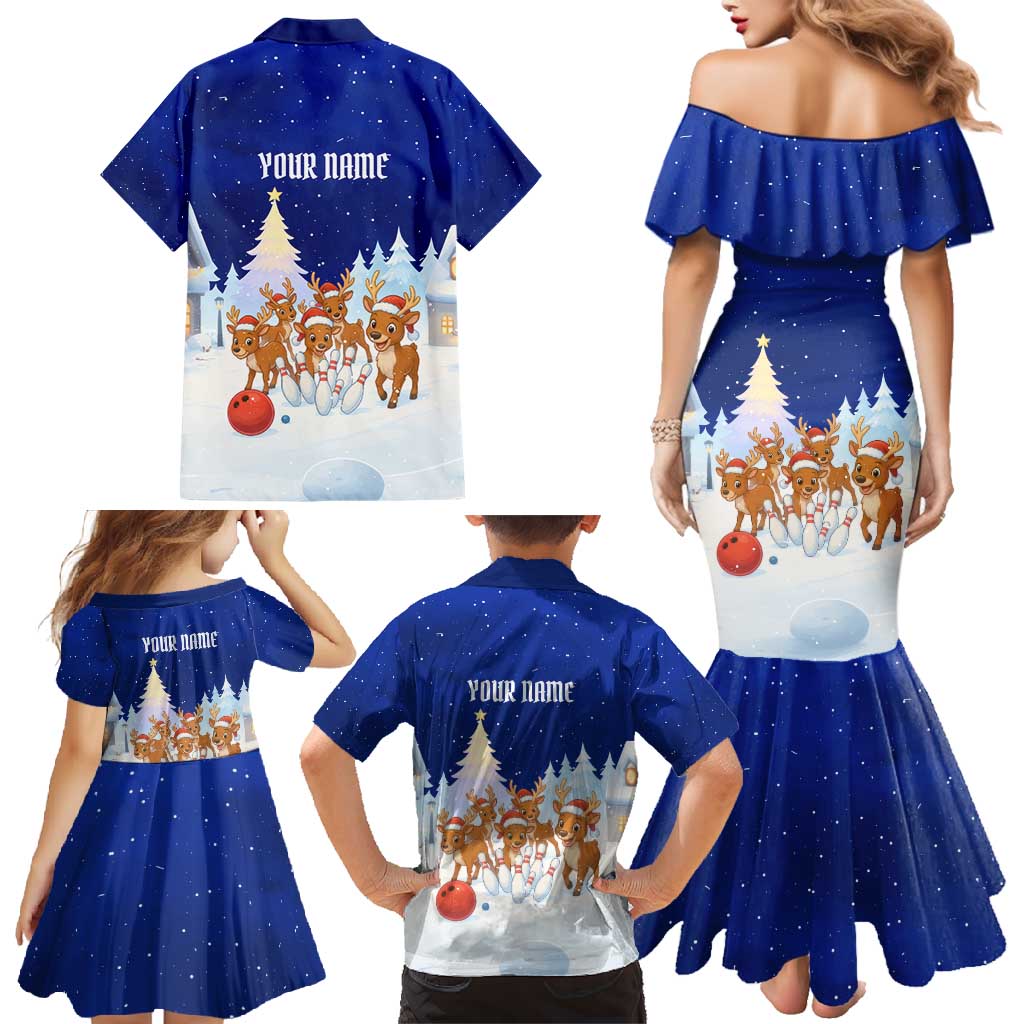 Funny Christmas Reindeer Bowling Custom Family Matching Mermaid Dress and Hawaiian Shirt with Reindeer Snow Scene - Wonder Print Shop