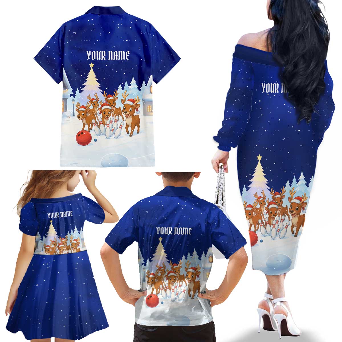 Funny Christmas Reindeer Bowling Custom Family Matching Off The Shoulder Long Sleeve Dress and Hawaiian Shirt with Reindeer Snow Scene - Wonder Print Shop