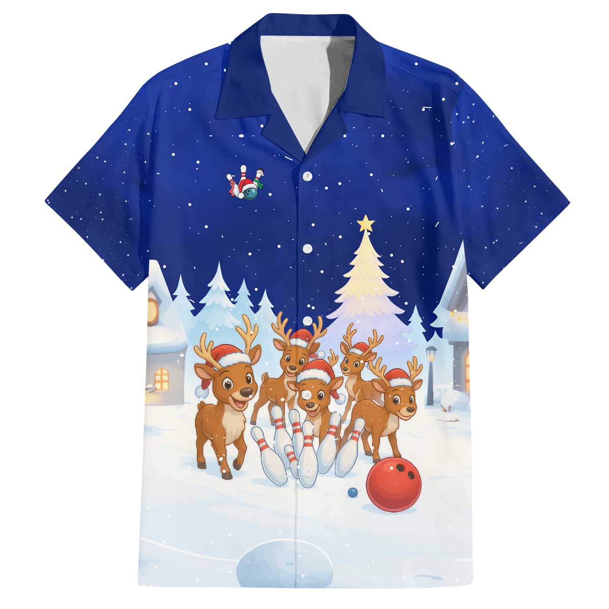 Funny Christmas Reindeer Bowling Custom Family Matching Off The Shoulder Long Sleeve Dress and Hawaiian Shirt with Reindeer Snow Scene - Wonder Print Shop