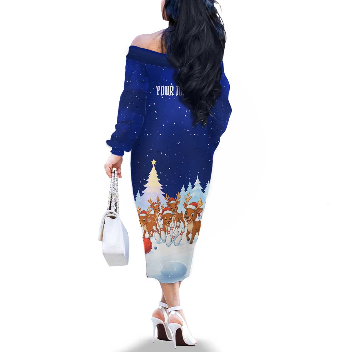 Funny Christmas Reindeer Bowling Custom Family Matching Off The Shoulder Long Sleeve Dress and Hawaiian Shirt with Reindeer Snow Scene - Wonder Print Shop